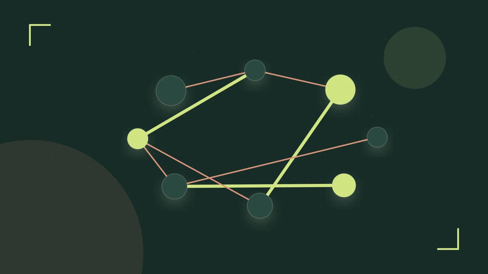 Editorial illustration of an algorithmic node graph with branching paths and a highlighted result