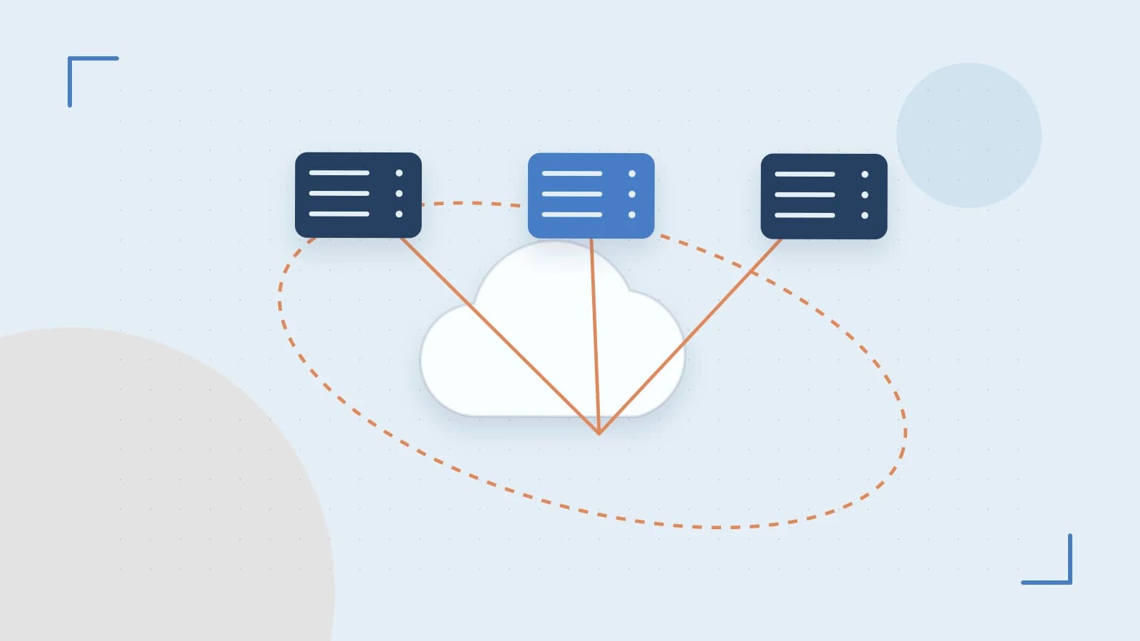 Editorial illustration of cloud infrastructure, connected server racks and an orbital service map