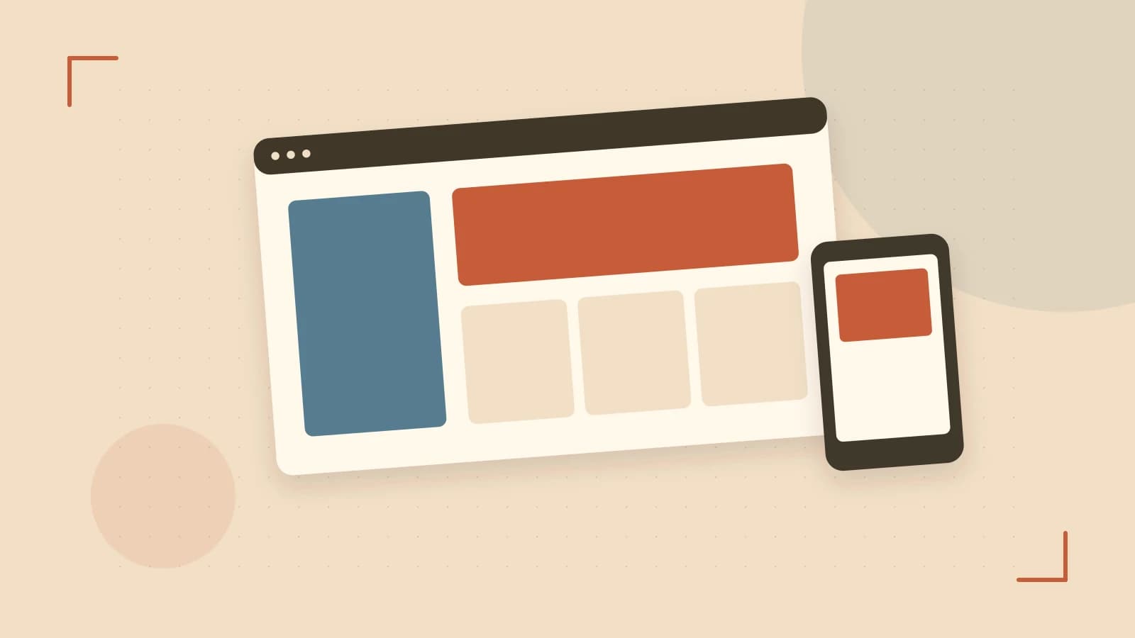 Editorial illustration of responsive browser layouts, overlapping design components and a color system