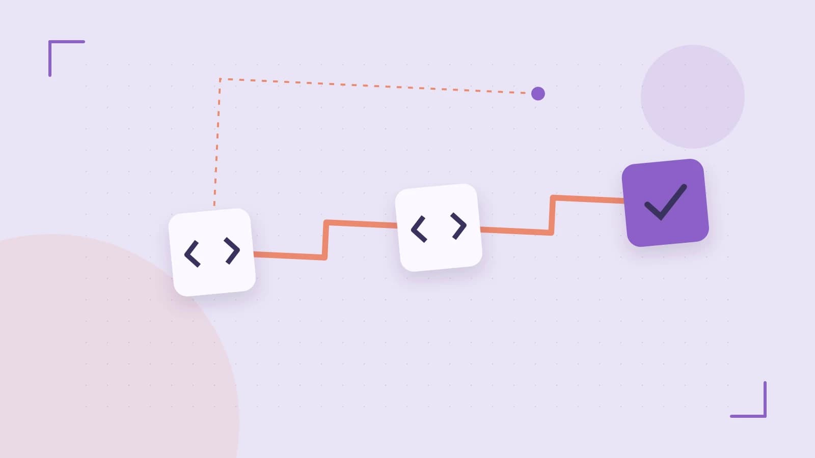 Editorial illustration of a branching build pipeline, staged transformations and a completed check