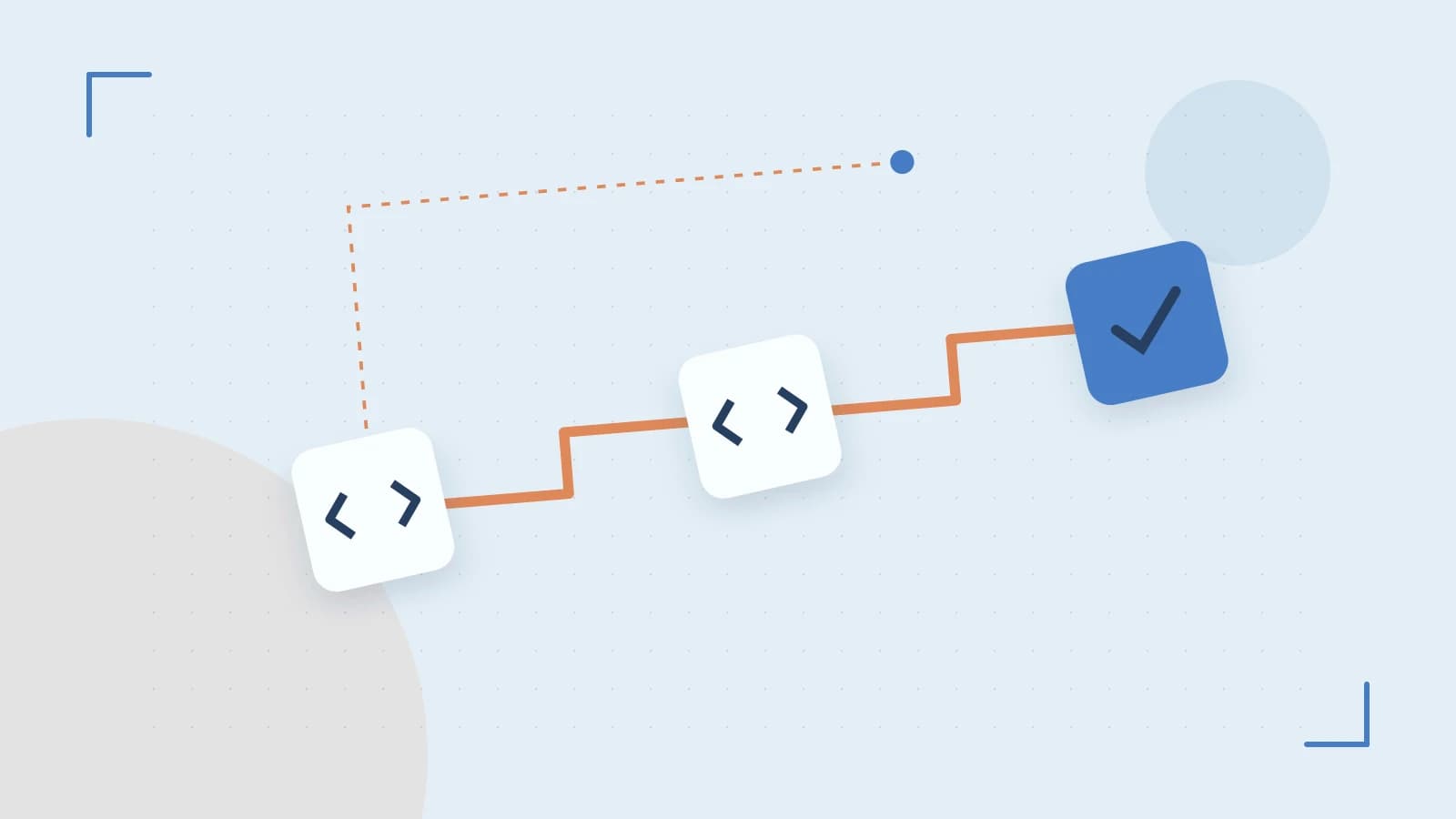 Editorial illustration of a branching build pipeline, staged transformations and a completed check