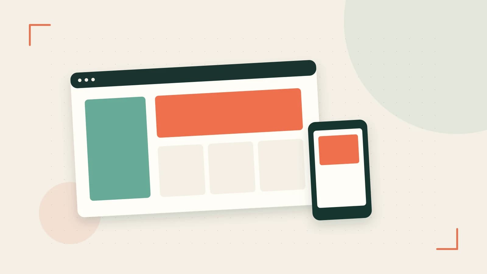 Editorial illustration of responsive browser layouts, overlapping design components and a color system