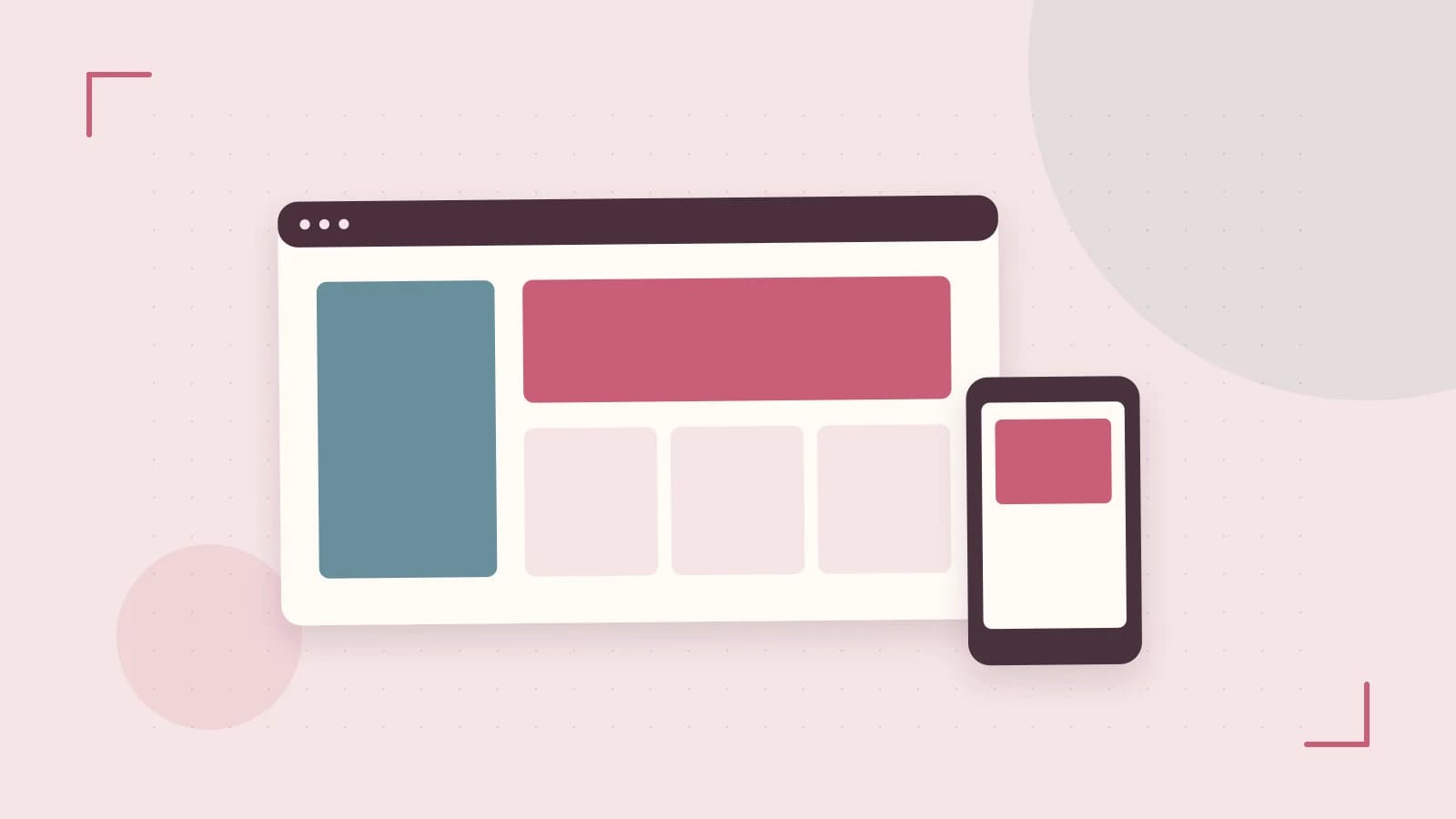 Editorial illustration of responsive browser layouts, overlapping design components and a color system