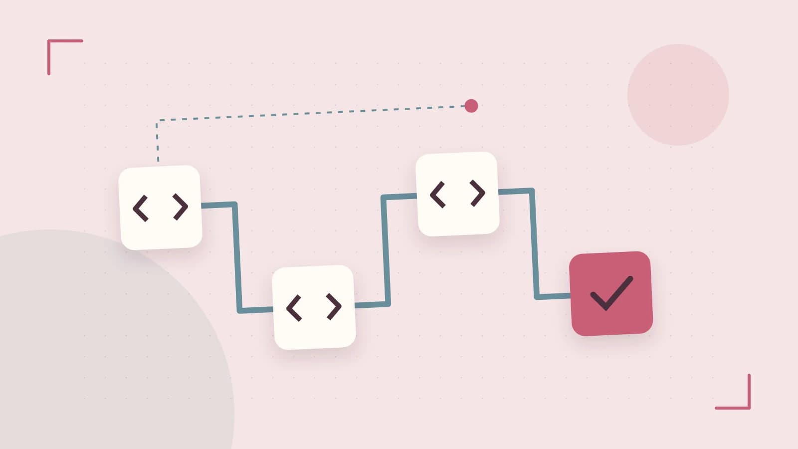 Editorial illustration of a branching build pipeline, staged transformations and a completed check