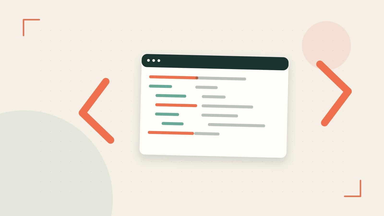 Editorial illustration of an abstract code editor, syntax blocks and oversized programming brackets