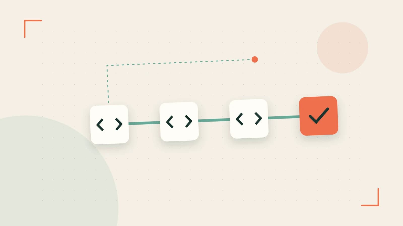 Editorial illustration of a branching build pipeline, staged transformations and a completed check