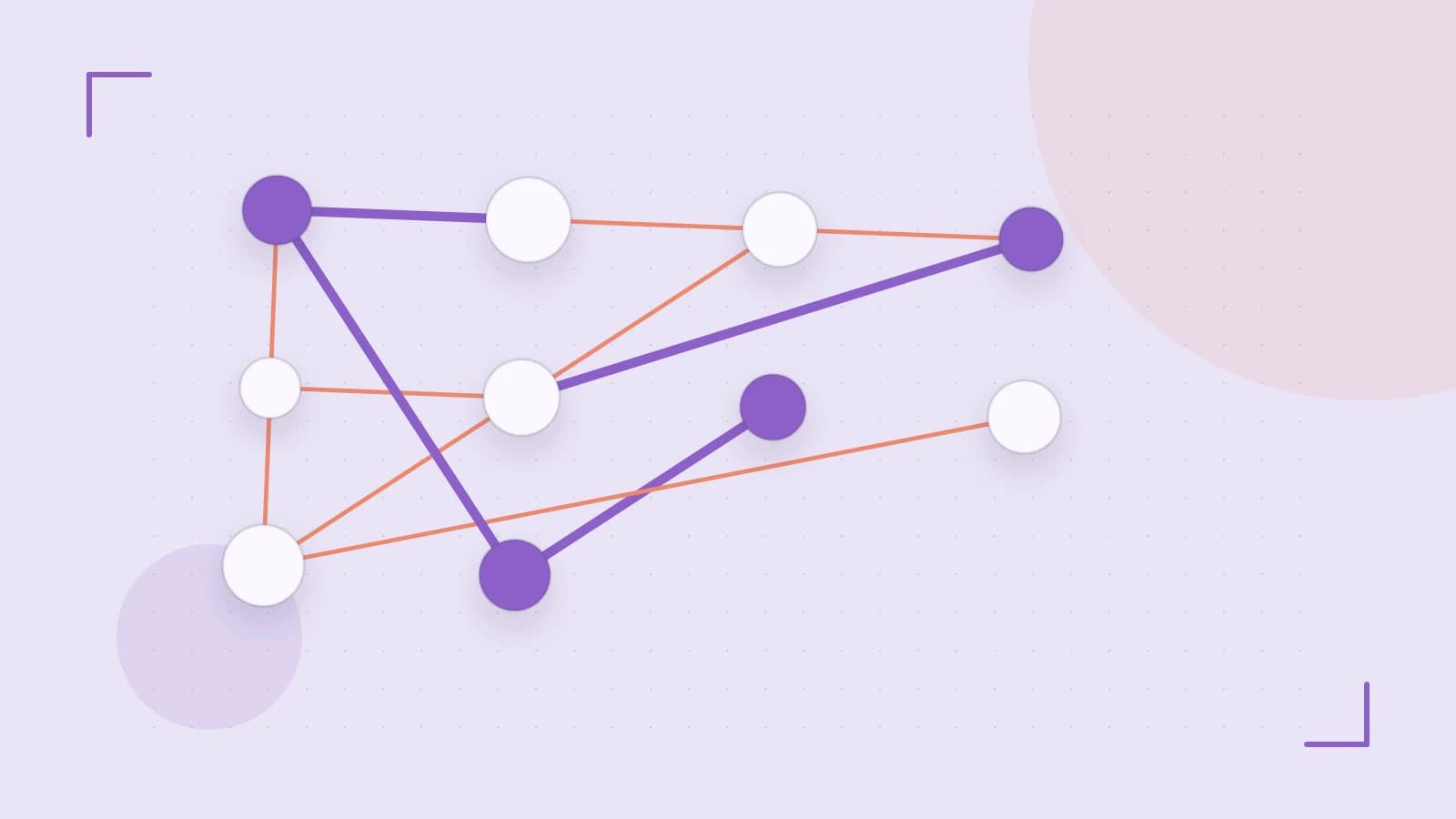 Editorial illustration of an algorithmic node graph with branching paths and a highlighted result
