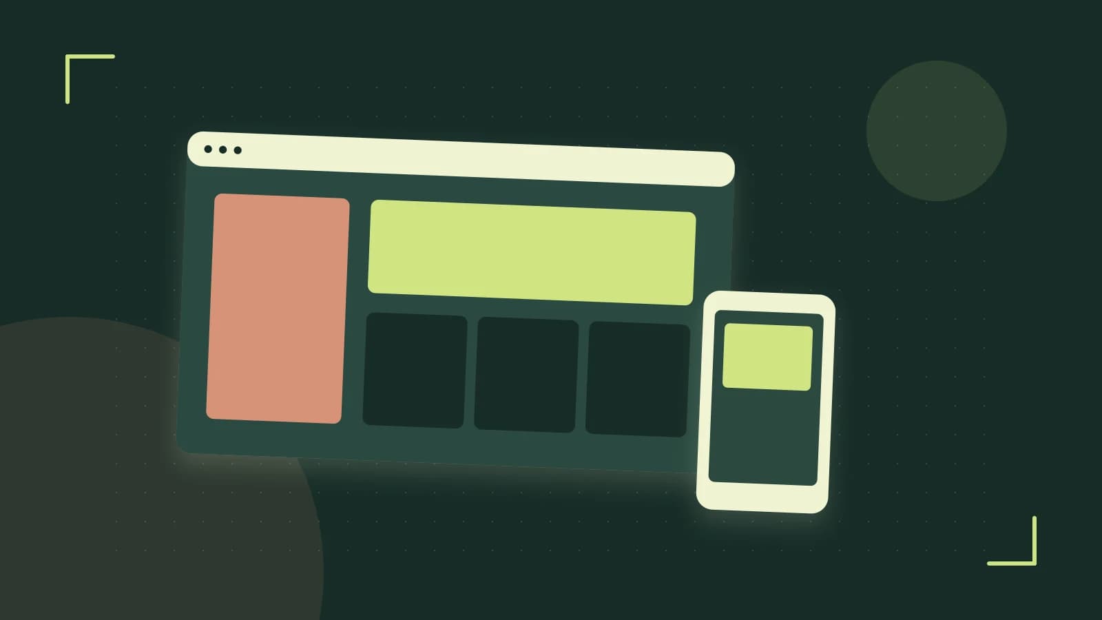 Editorial illustration of responsive browser layouts, overlapping design components and a color system