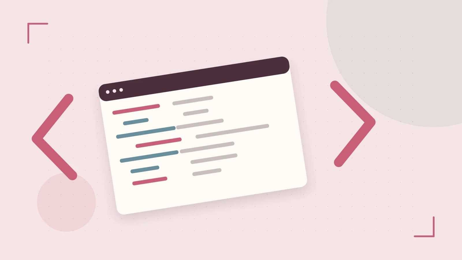 Editorial illustration of an abstract code editor, syntax blocks and oversized programming brackets