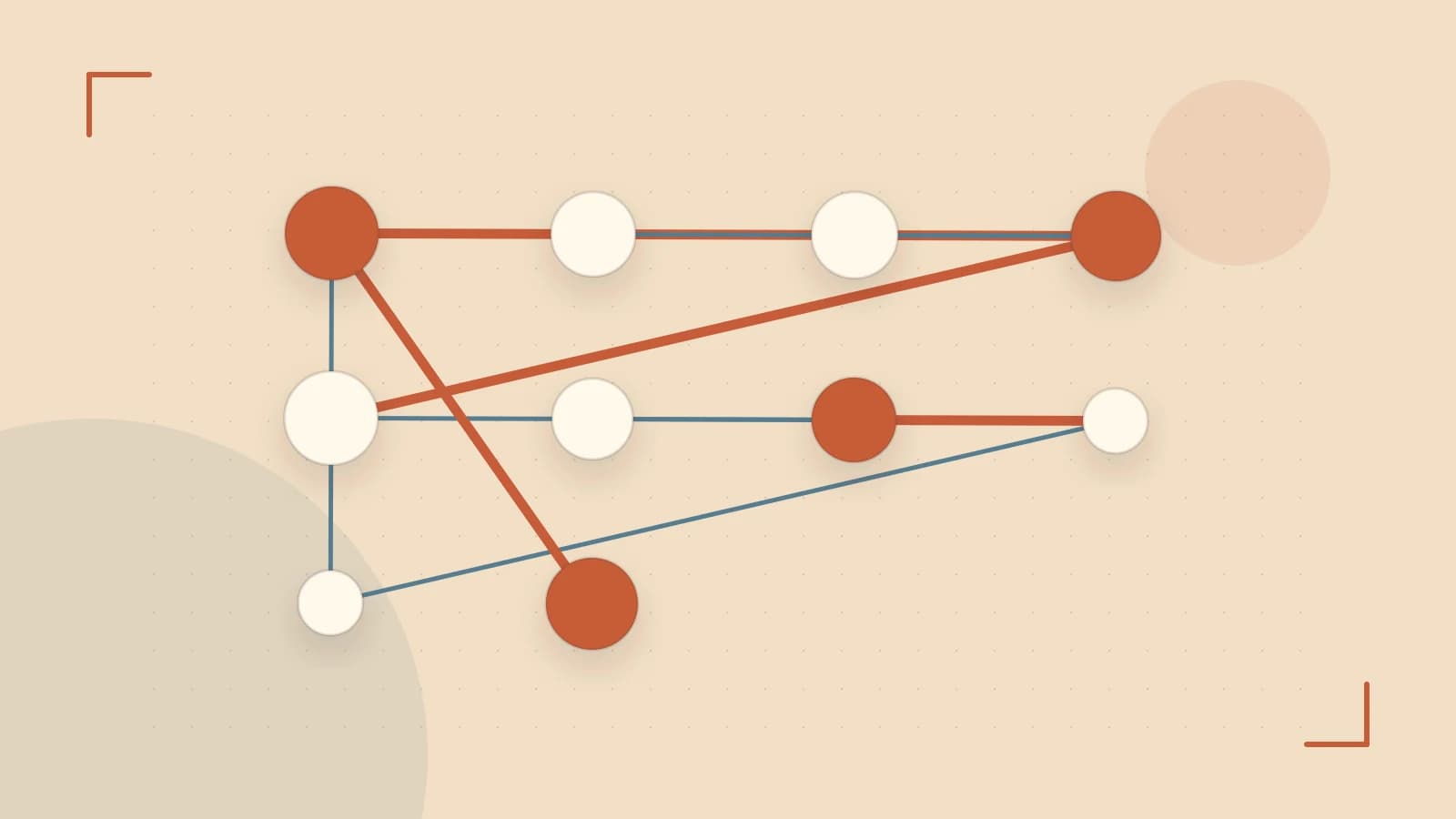 Editorial illustration of an algorithmic node graph with branching paths and a highlighted result