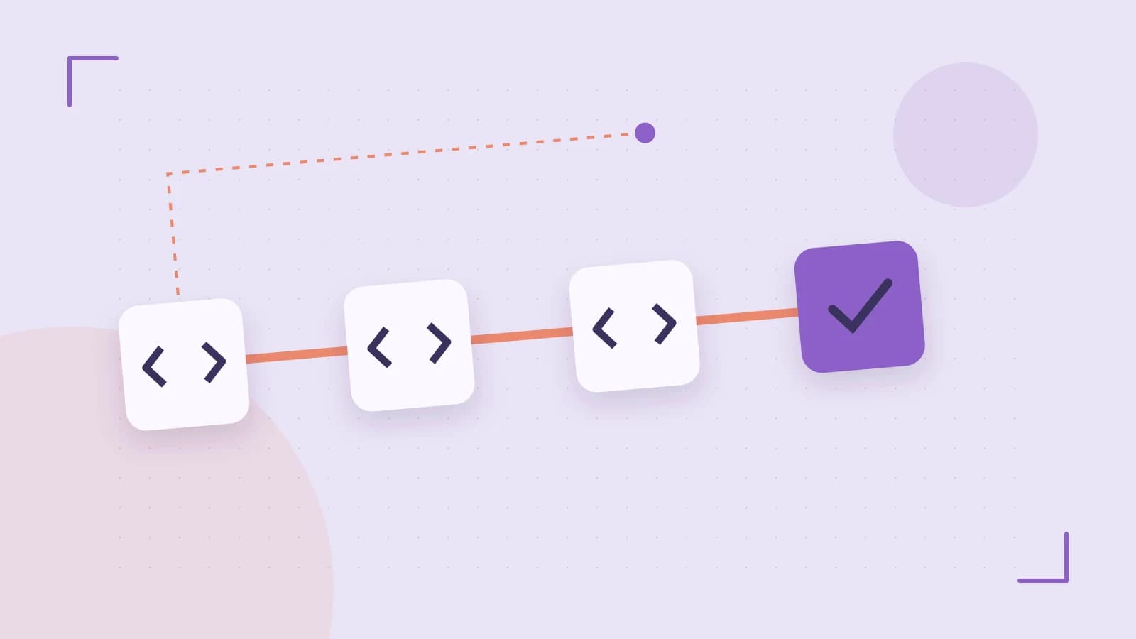 Editorial illustration of a branching build pipeline, staged transformations and a completed check