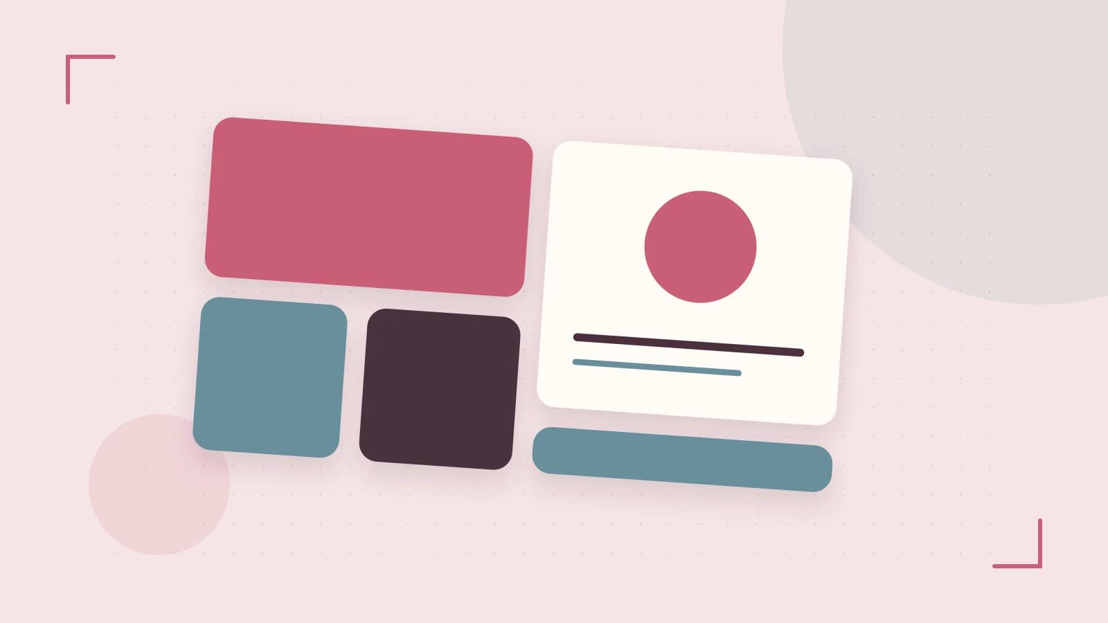 Editorial illustration of responsive browser layouts, overlapping design components and a color system