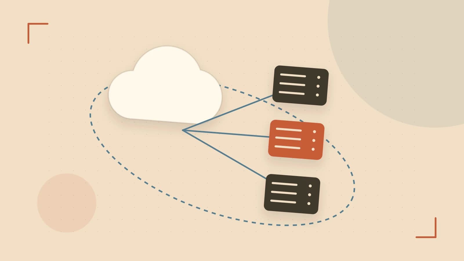 Editorial illustration of cloud infrastructure, connected server racks and an orbital service map