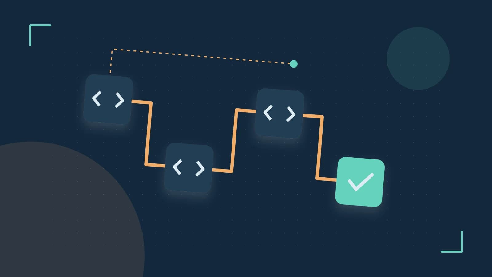 Editorial illustration of a branching build pipeline, staged transformations and a completed check