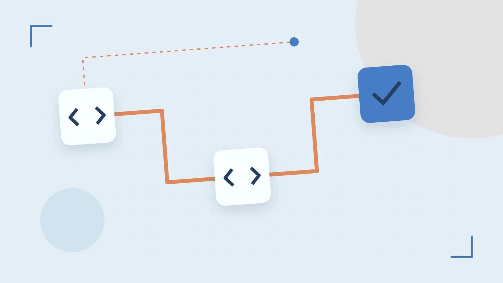 Editorial illustration of a branching build pipeline, staged transformations and a completed check