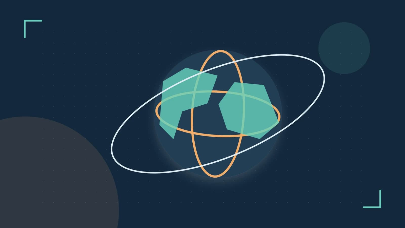 Editorial illustration of an editorial globe with meridians and layered geographic shapes