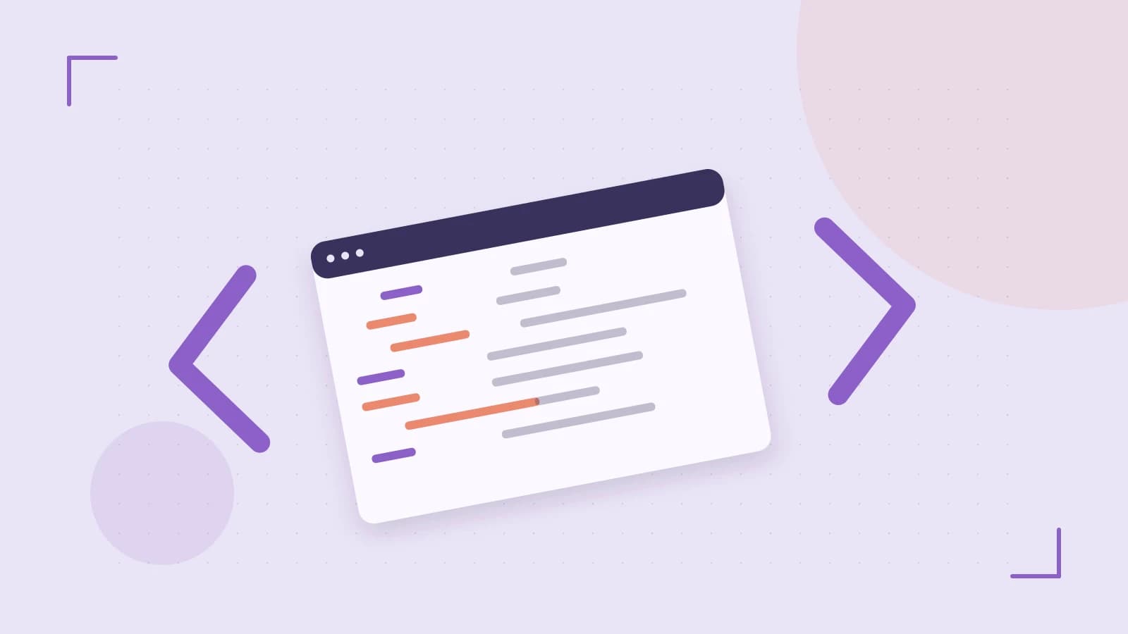 Editorial illustration of an abstract code editor, syntax blocks and oversized programming brackets