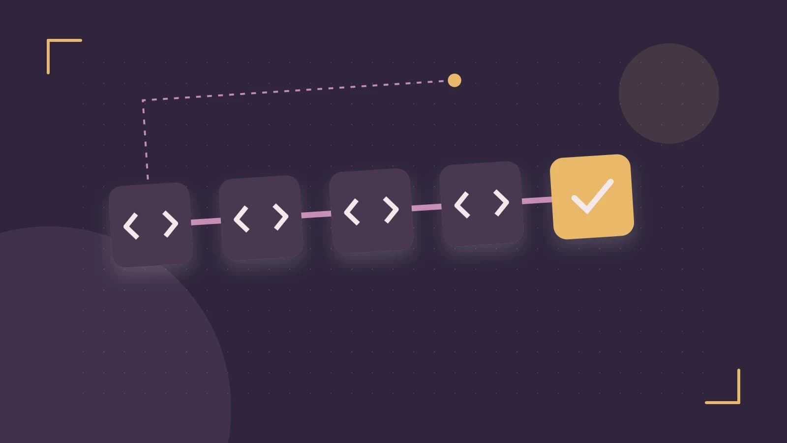 Editorial illustration of a branching build pipeline, staged transformations and a completed check