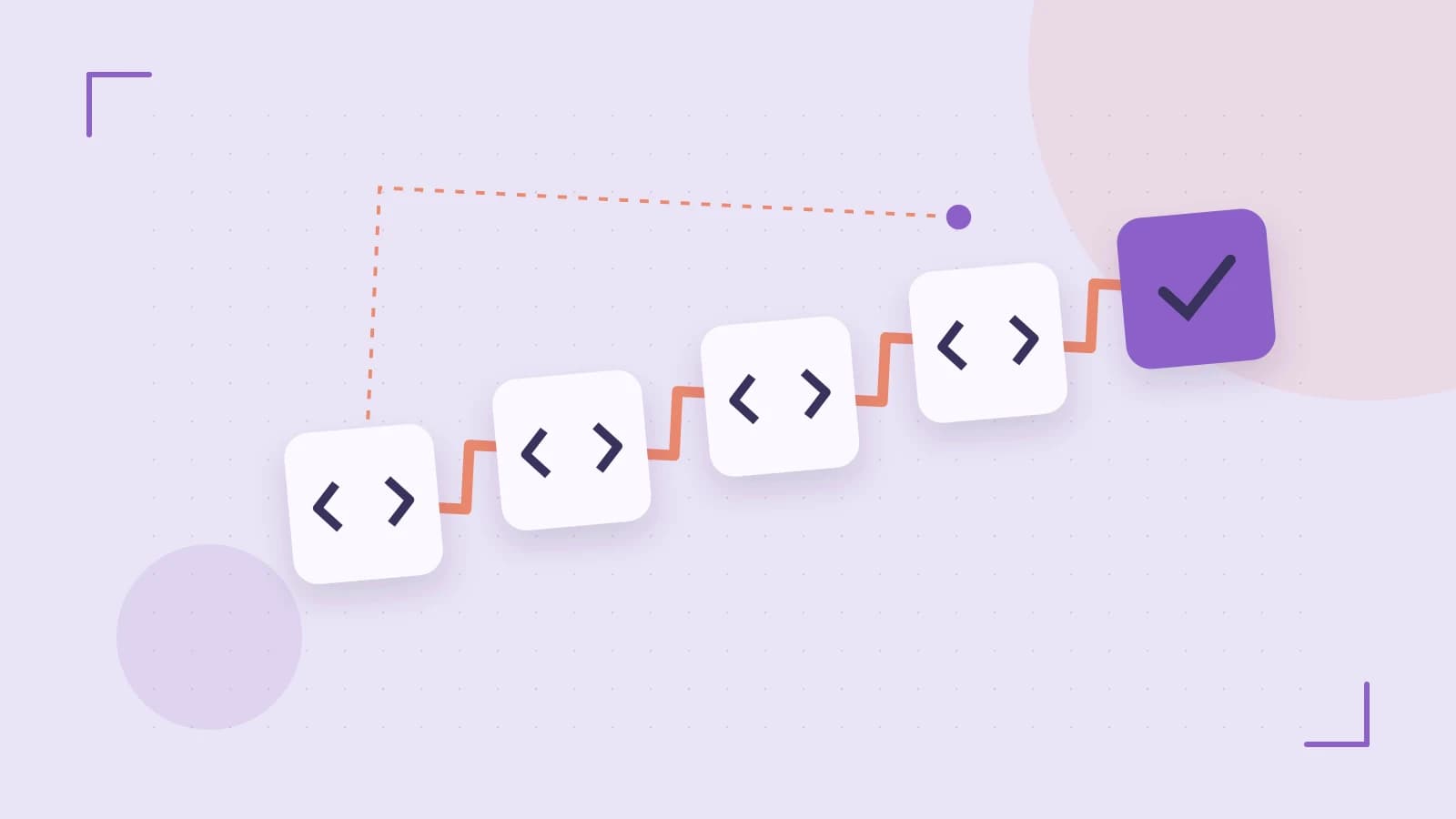 Editorial illustration of a branching build pipeline, staged transformations and a completed check