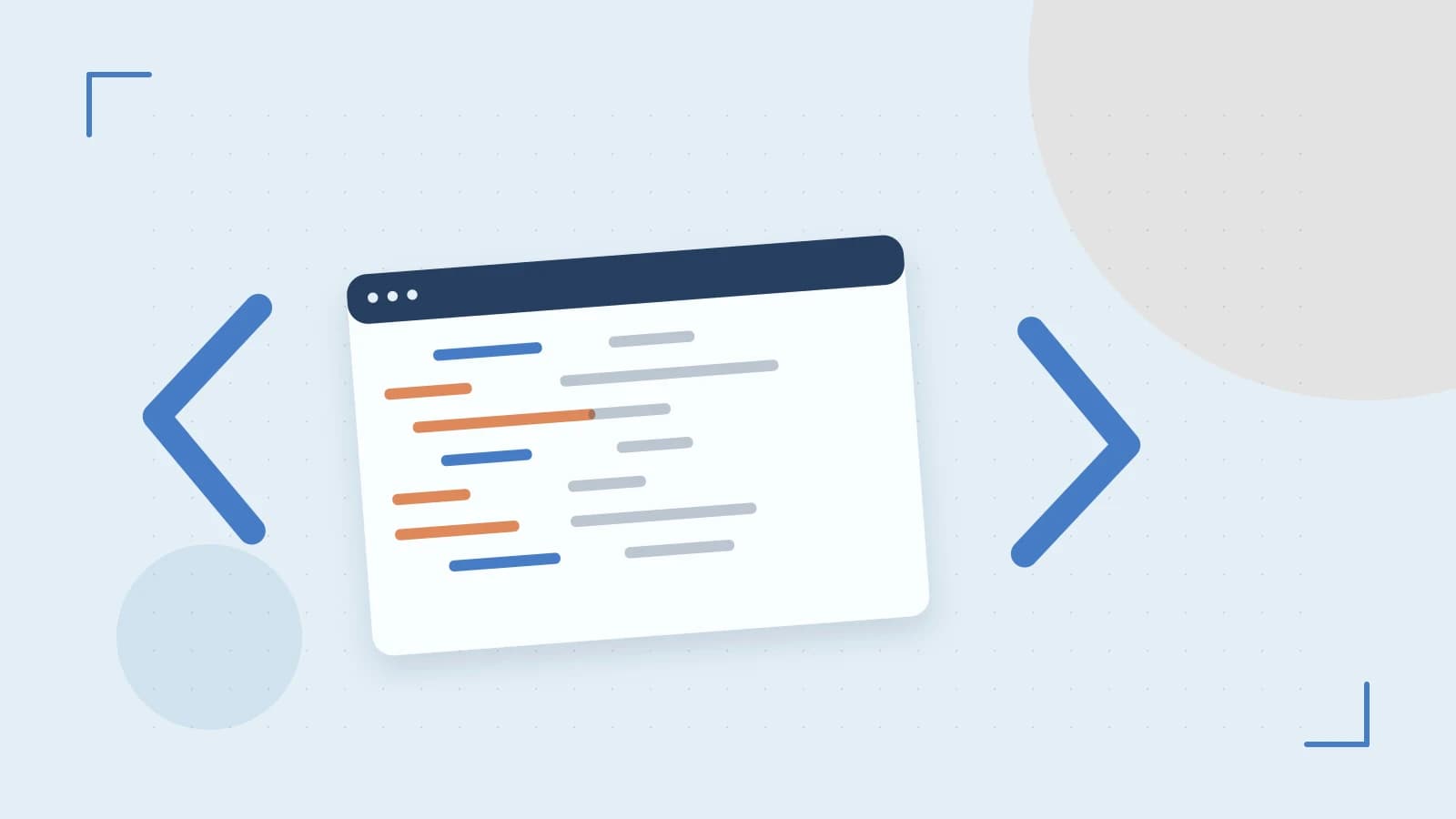 Editorial illustration of an abstract code editor, syntax blocks and oversized programming brackets
