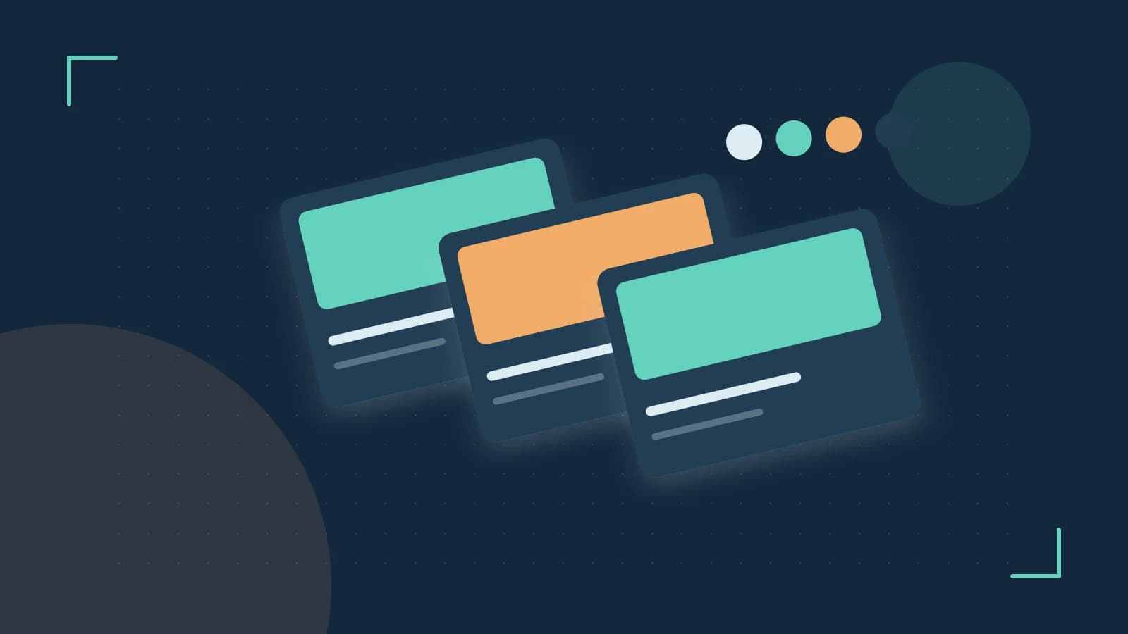 Editorial illustration of responsive browser layouts, overlapping design components and a color system