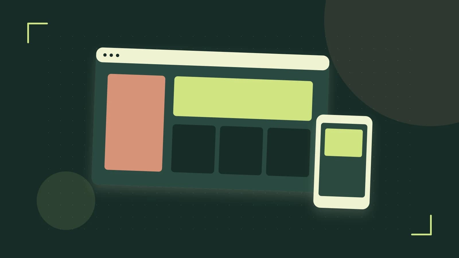 Editorial illustration of responsive browser layouts, overlapping design components and a color system