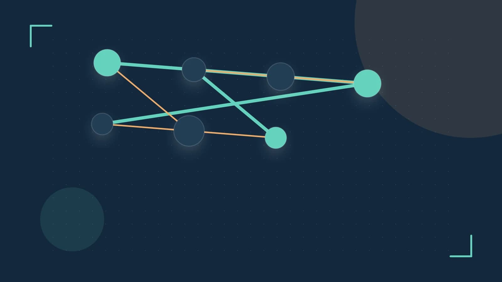 Editorial illustration of an algorithmic node graph with branching paths and a highlighted result