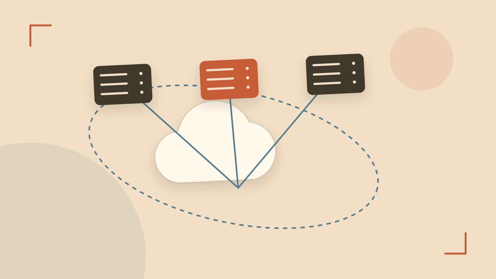 Editorial illustration of cloud infrastructure, connected server racks and an orbital service map