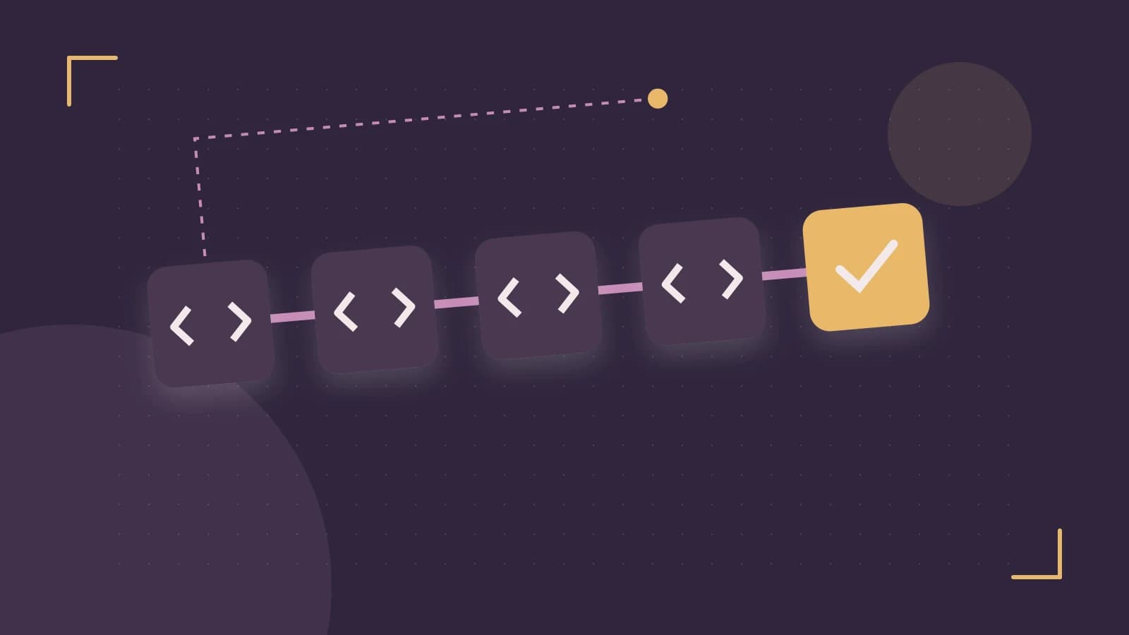 Editorial illustration of a branching build pipeline, staged transformations and a completed check