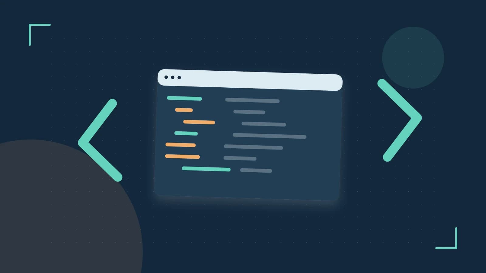 Editorial illustration of an abstract code editor, syntax blocks and oversized programming brackets