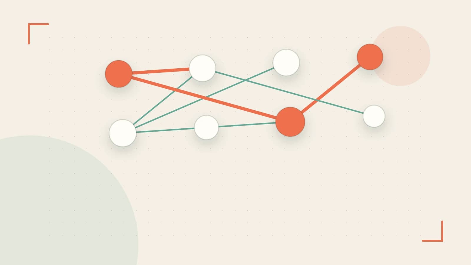 Editorial illustration of an algorithmic node graph with branching paths and a highlighted result