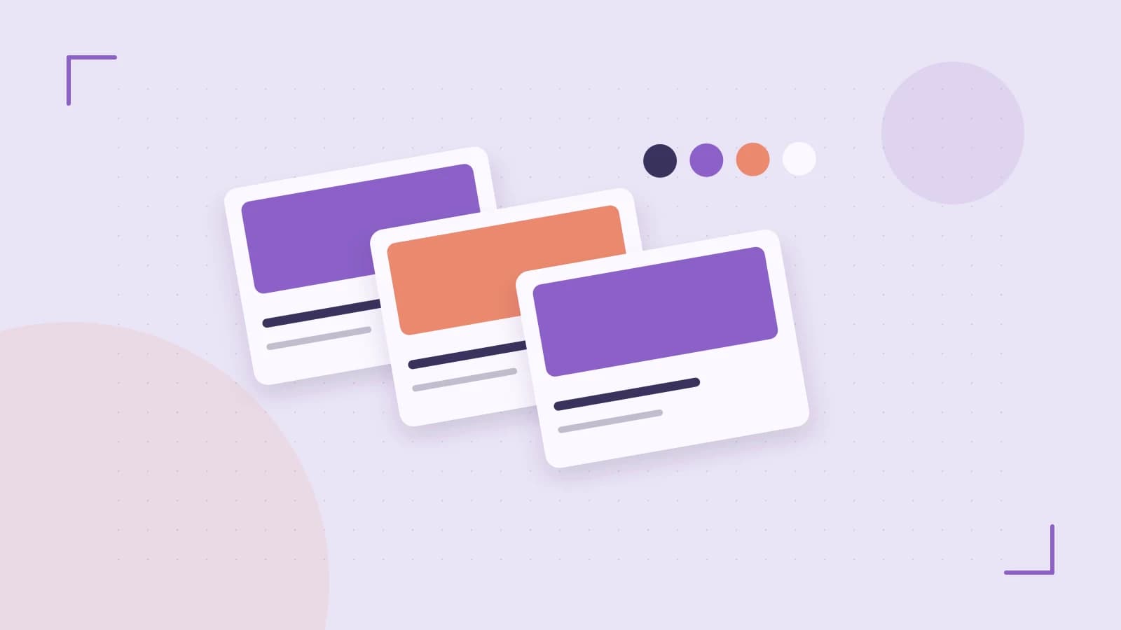 Editorial illustration of responsive browser layouts, overlapping design components and a color system