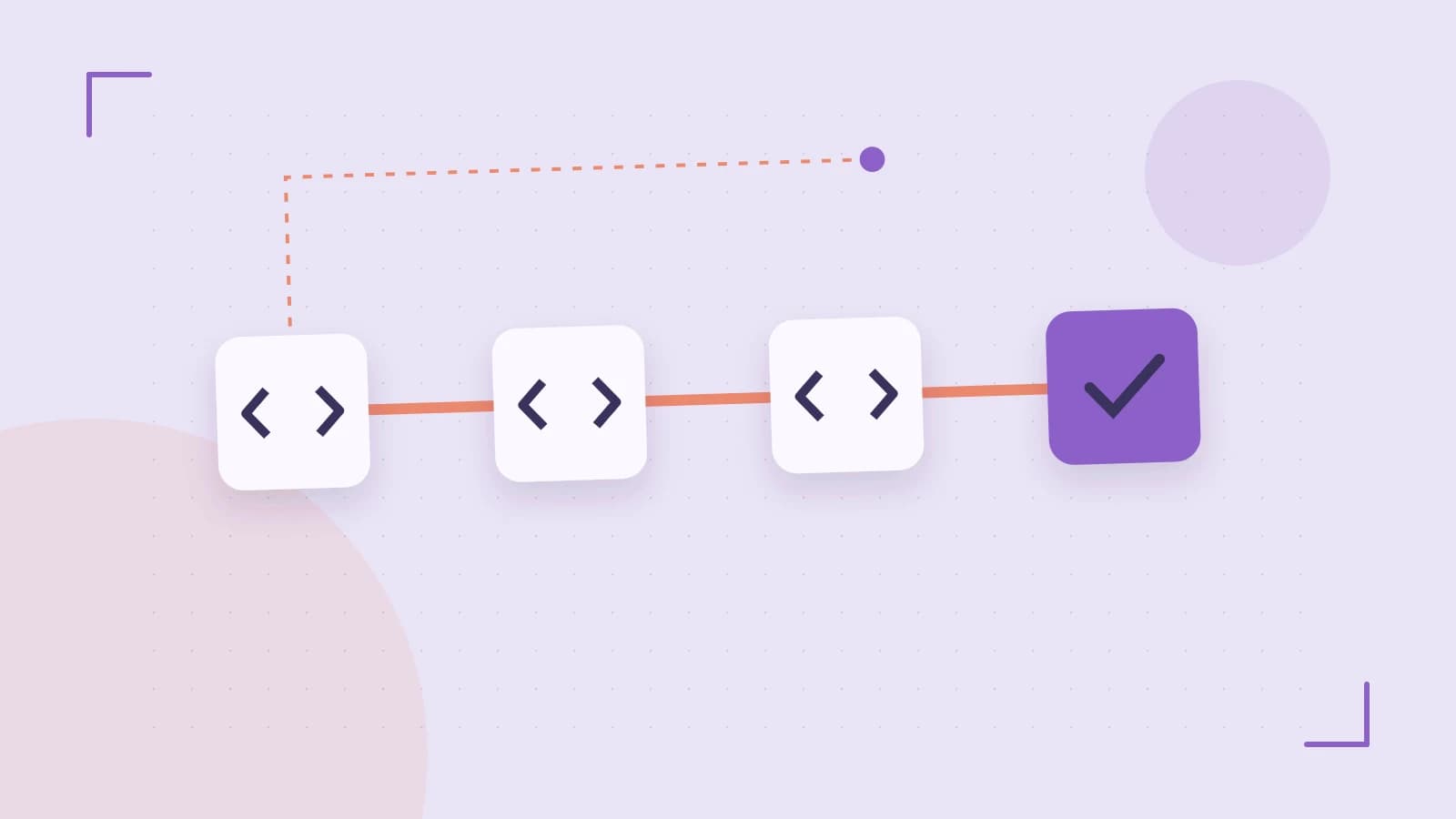 Editorial illustration of a branching build pipeline, staged transformations and a completed check