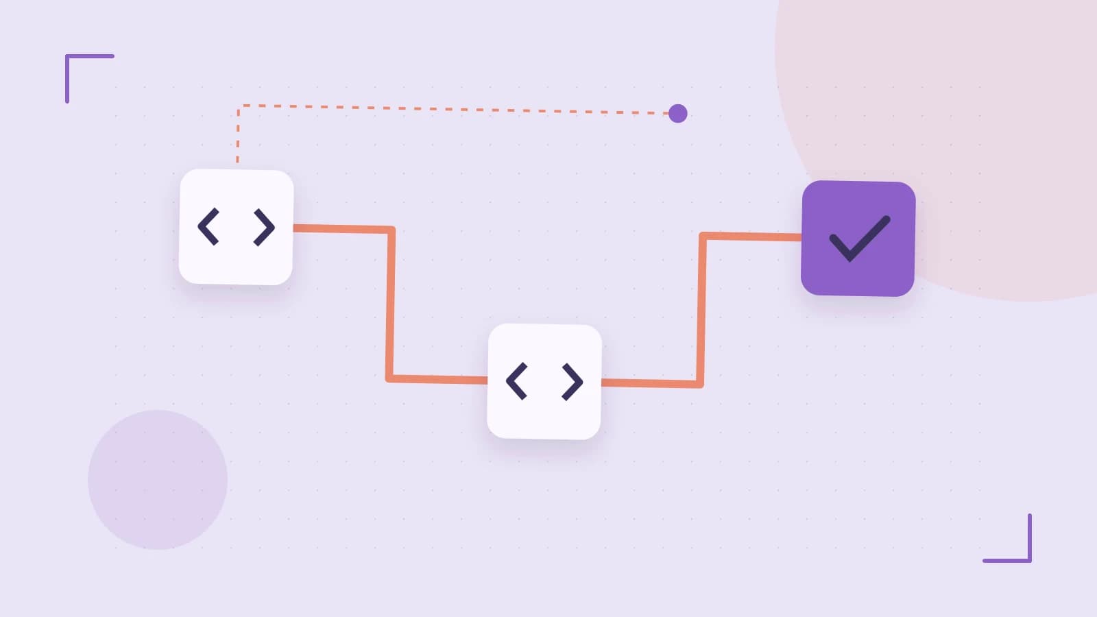 Editorial illustration of a branching build pipeline, staged transformations and a completed check