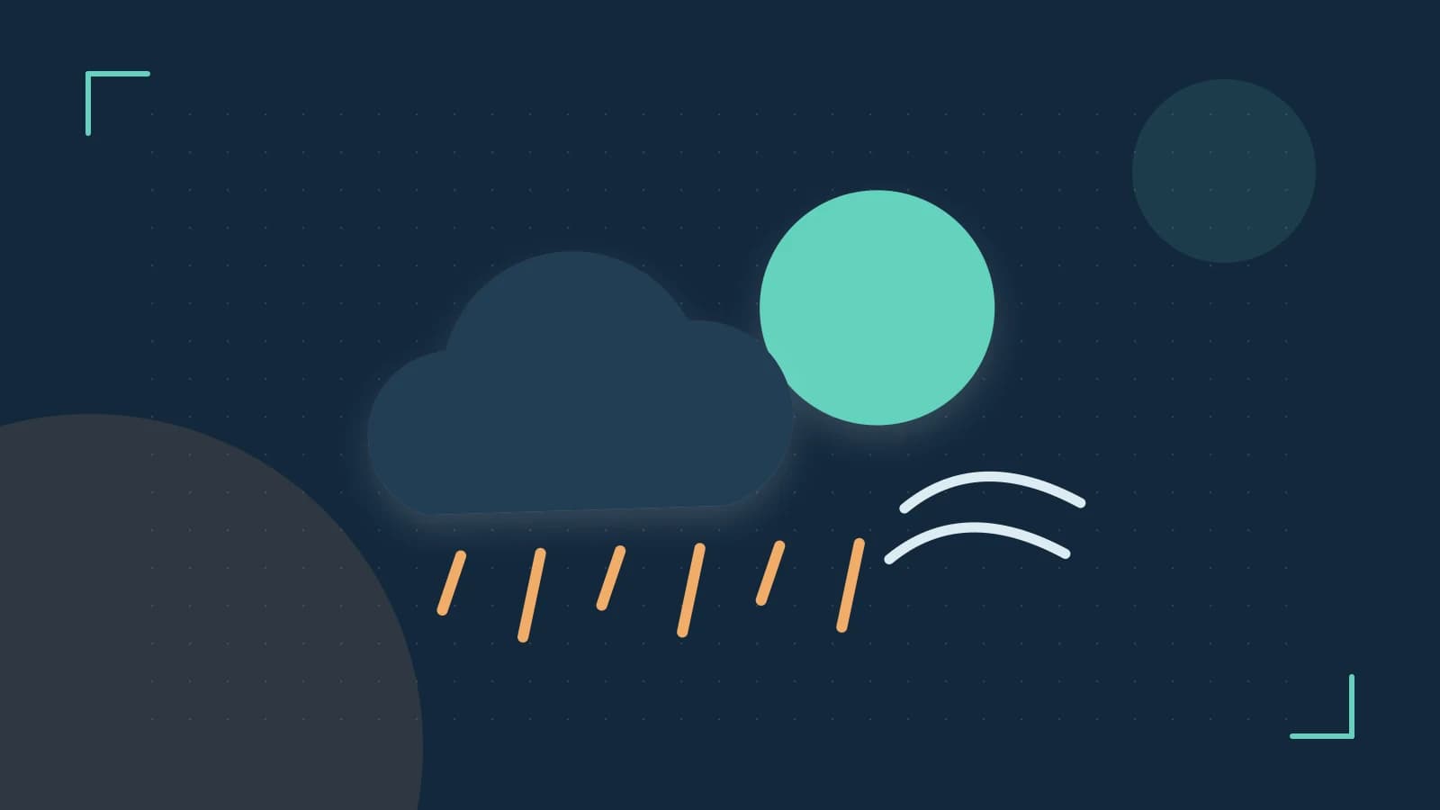 Editorial illustration of a sun, layered clouds, raindrops and flowing weather patterns