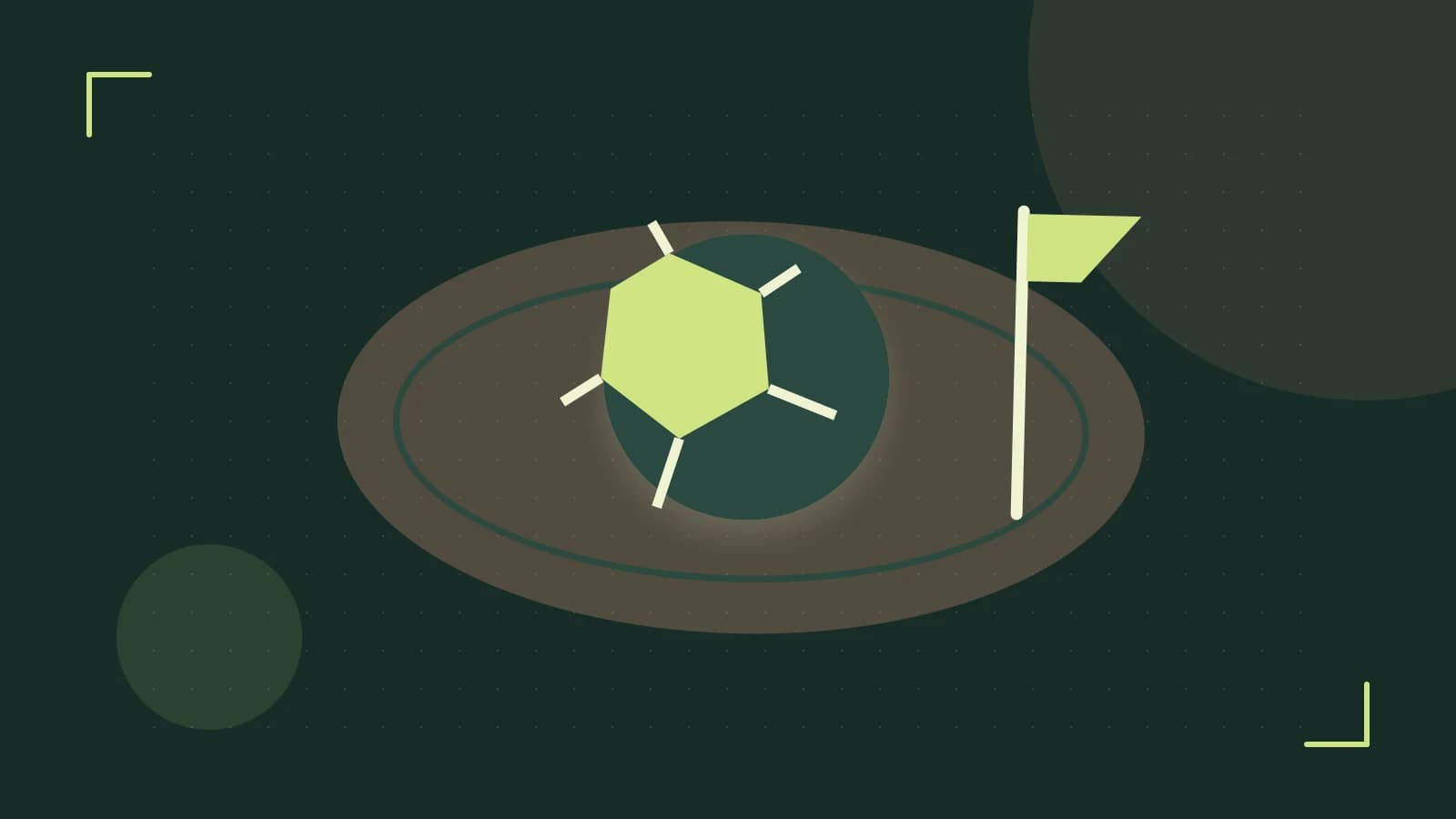 Editorial illustration of a stylized sports ball, stadium geometry and dynamic arcs