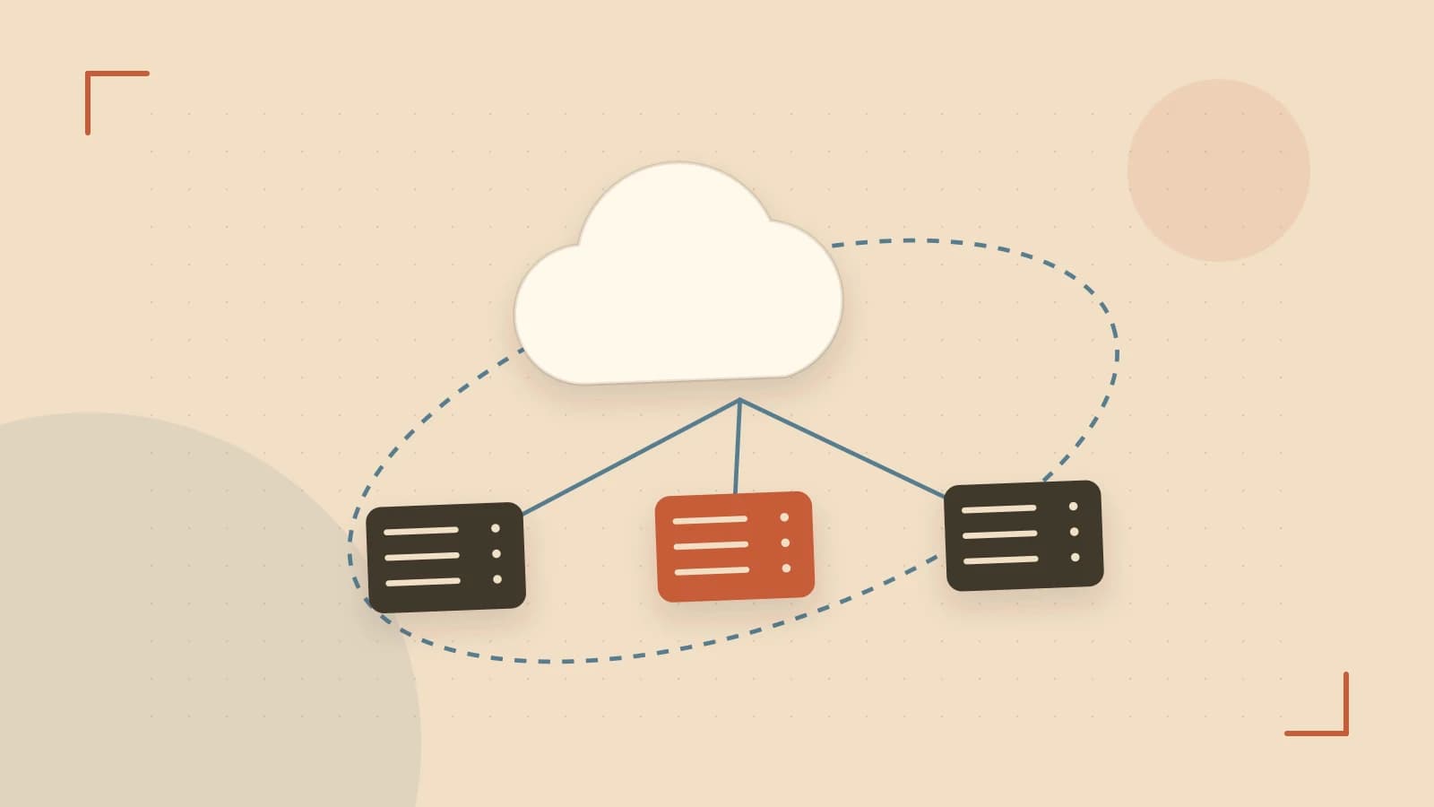Editorial illustration of cloud infrastructure, connected server racks and an orbital service map