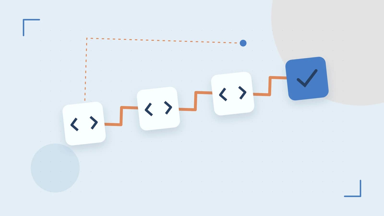 Editorial illustration of a branching build pipeline, staged transformations and a completed check