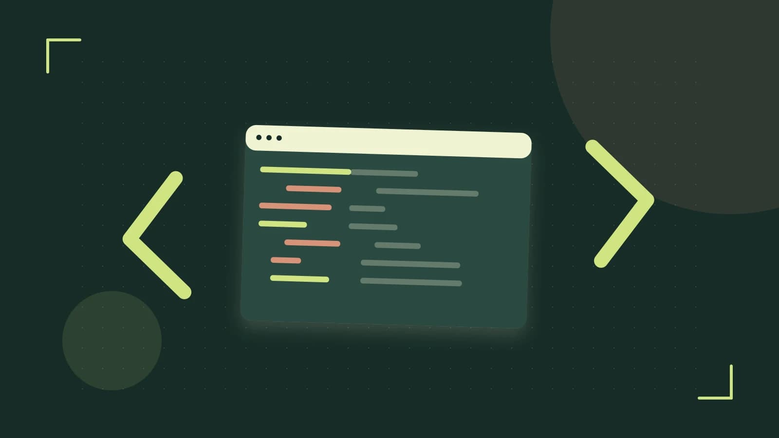 Editorial illustration of an abstract code editor, syntax blocks and oversized programming brackets