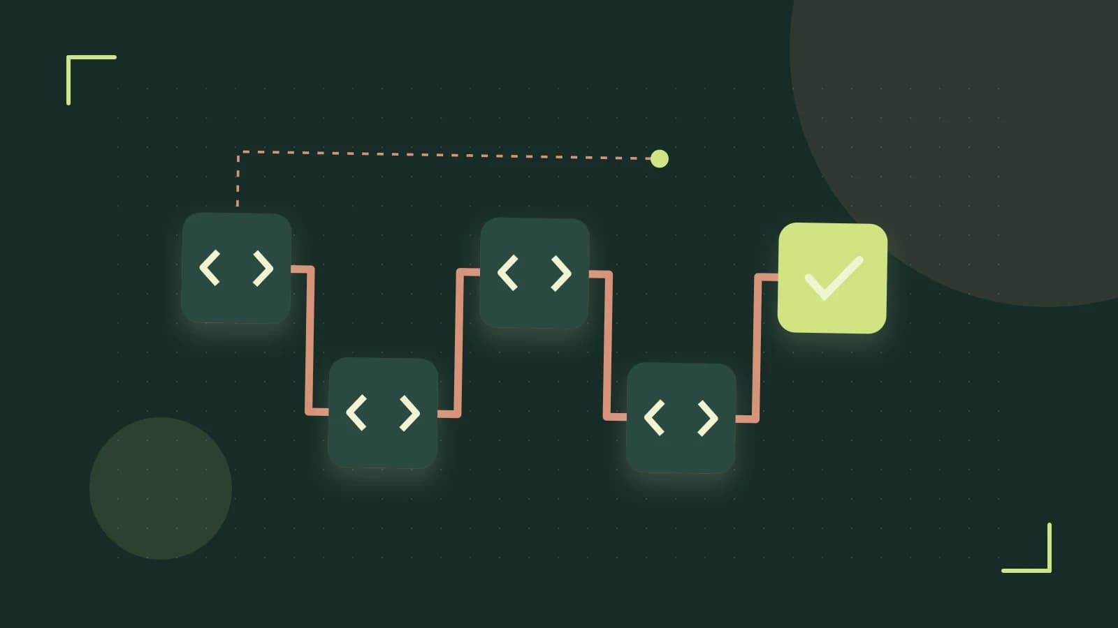 Editorial illustration of a branching build pipeline, staged transformations and a completed check