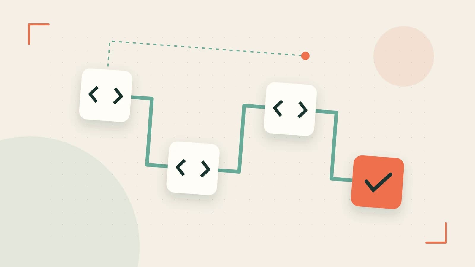 Editorial illustration of a branching build pipeline, staged transformations and a completed check