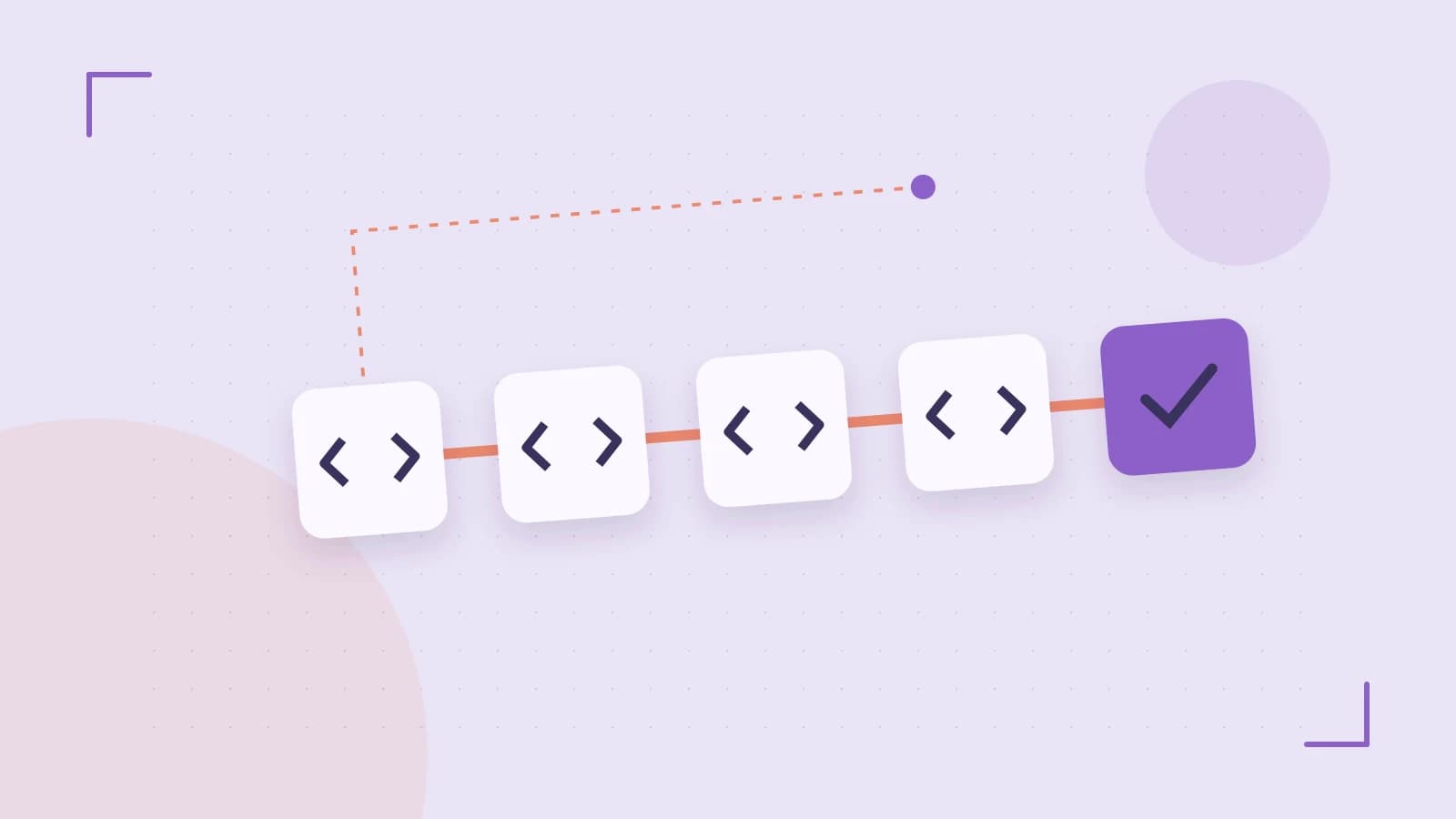 Editorial illustration of a branching build pipeline, staged transformations and a completed check