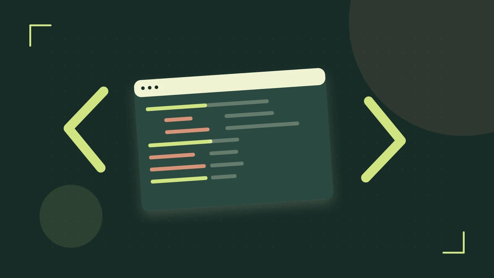 Editorial illustration of an abstract code editor, syntax blocks and oversized programming brackets
