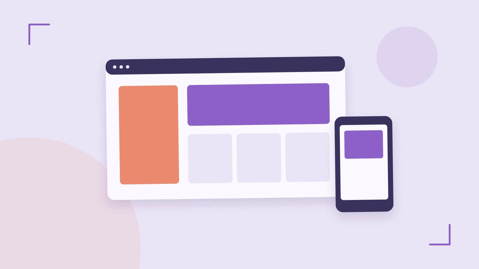 Editorial illustration of responsive browser layouts, overlapping design components and a color system