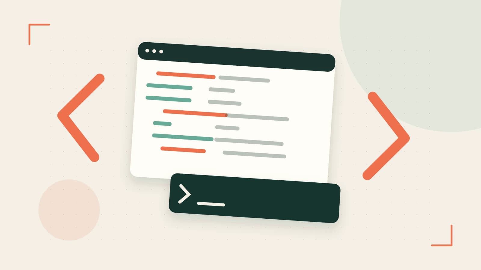 Editorial illustration of an abstract code editor, syntax blocks and oversized programming brackets