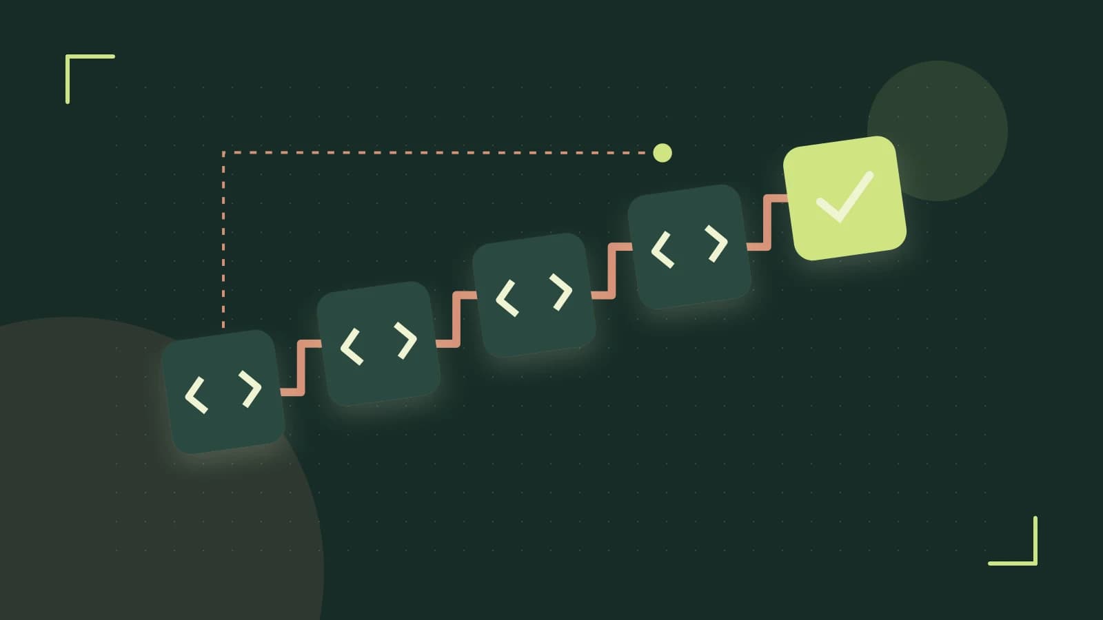 Editorial illustration of a branching build pipeline, staged transformations and a completed check