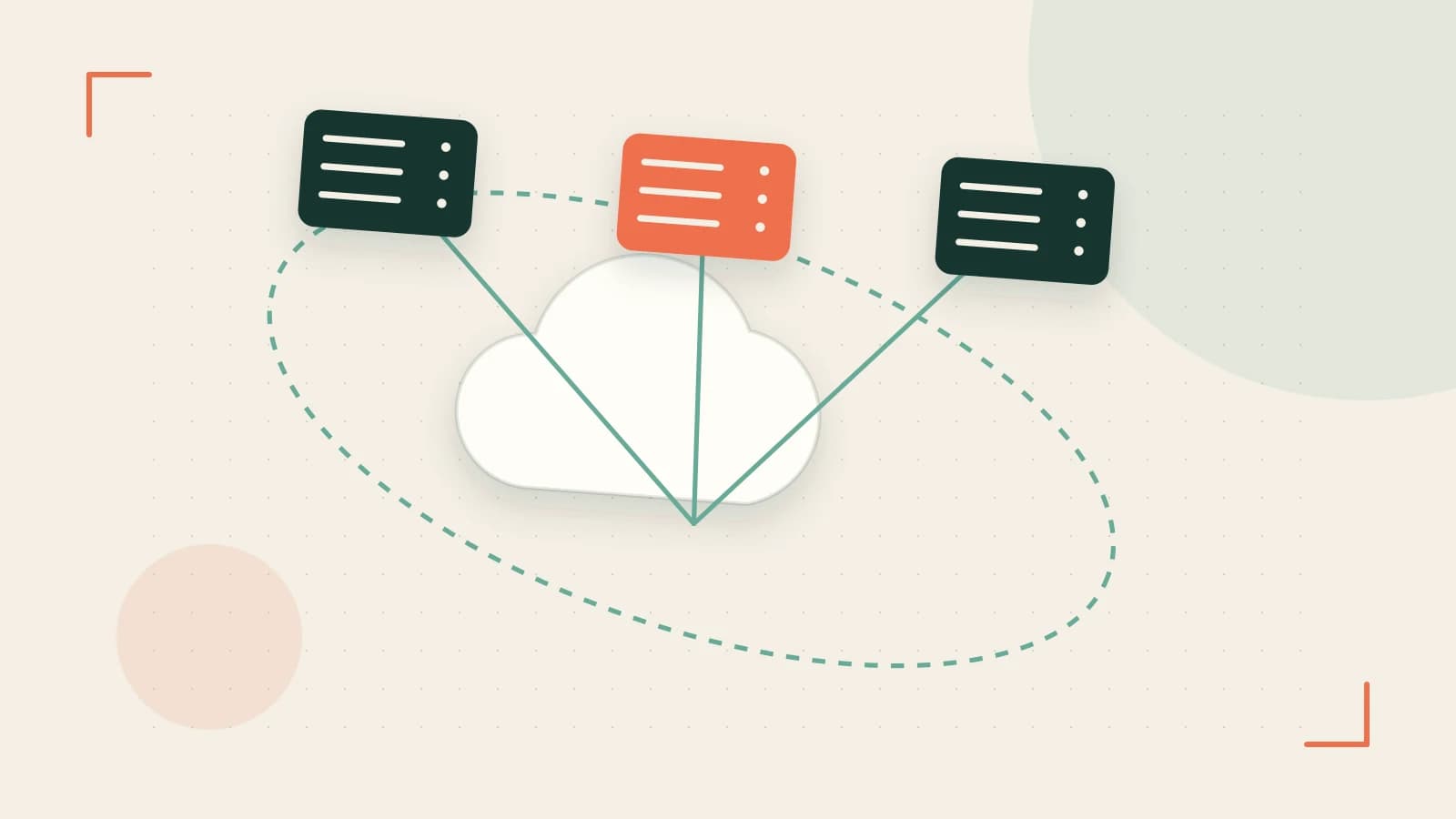 Editorial illustration of cloud infrastructure, connected server racks and an orbital service map