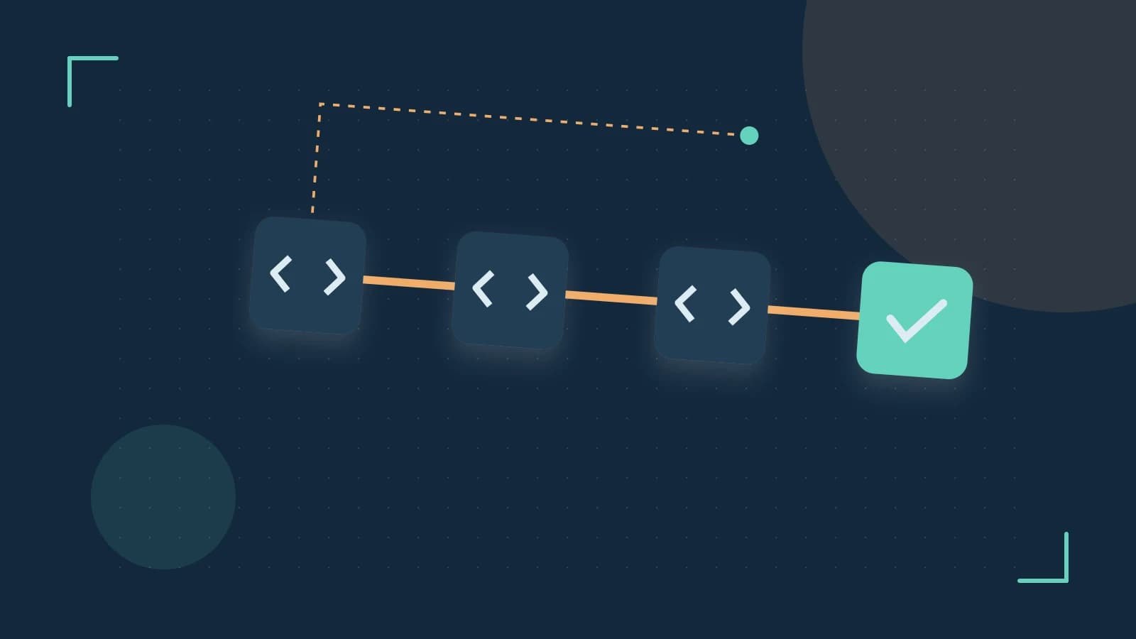 Editorial illustration of a branching build pipeline, staged transformations and a completed check