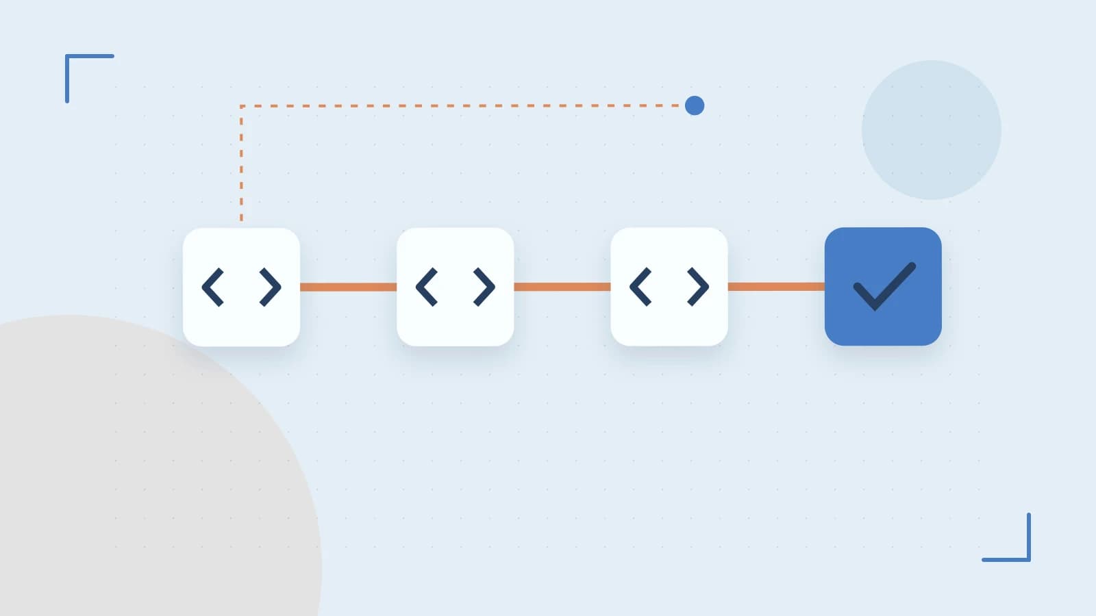 Editorial illustration of a branching build pipeline, staged transformations and a completed check