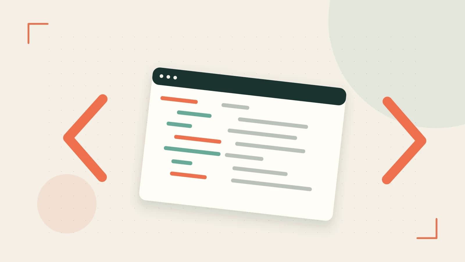 Editorial illustration of an abstract code editor, syntax blocks and oversized programming brackets